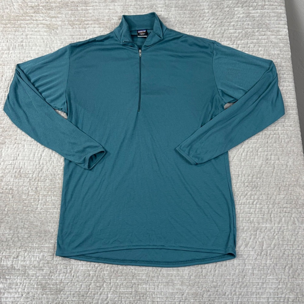 Patagonia Capilene Mens Large 1/4 Zip Pullover Teal Blue Base Layer Made in USA‎